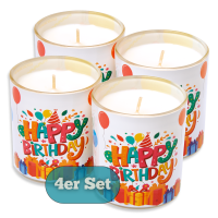 Candelo 4er Set Hochwertige Geburtstagskerzen im Glas Ambiente – Happy Birthday Kerze – 8 x 7cm - 30 Std Brenndauer – Windlicht ohne Duft – Glaskerze