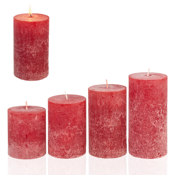 Candelo 4er Set Rustik Kerzen Ambiente Weihnachten - Adventskranz Kerze Rustic - Rot / Red - 8/10/12/14cm - rote Stumpenkerze Advent Weihnachtskerze