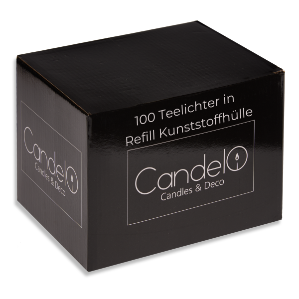 Candelo 100er Set hochwertige Teelichter Ambiente unbeduftet  – 1,7 x 3,8cm 4h Brenndauer - Kerzen Teelichter Weiß - Kunststoff Hülle - in Spender Box