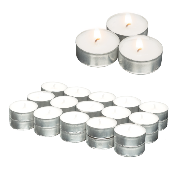 Candelo 30er Set Hochwertige Teelichte Ambiente - 4 Std Brenndauer – Kerzen Teelichter Weiß Geruchsneutral - Aluminium Hülle -3,8 x 1,5cm je Teelicht