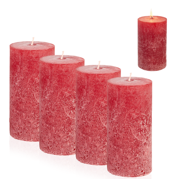 Candelo 4er Set Kerzen Ambiente Rustic Stumpenkerzen - Rot - große Rustik Kerze 12cm - lange Brenndauer ca. 54 Stunden Weihnachtskerzen Adventskranz