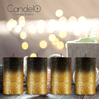Candelo 4er Set Kerzen Rustik Stumpenkerzen - Schwarz Metallic Gold - Kerze 12cm - Brenndauer ca. 54 Std Weihnachtskerzen Adventskranzkerze
