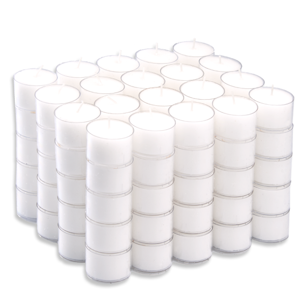 Candelo® 100 Teelichter 8 Stunden Brenndauer  - Wiederverwendbare Kunststoff Hülle - ohne Duft - Teelicht Vorrat Großpackung geruchsneutral in Weiß