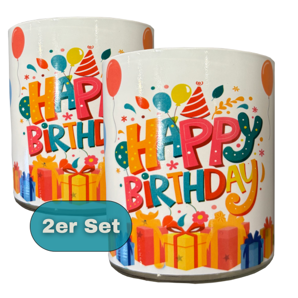 Candelo 2er Set hochwertige Geburtstagskerzen Glas – Happy Birthday Kerze – 8 x 7cm - 30 Std Brenndauer – Windlicht ohne Duft Geburtstag Glaskerze