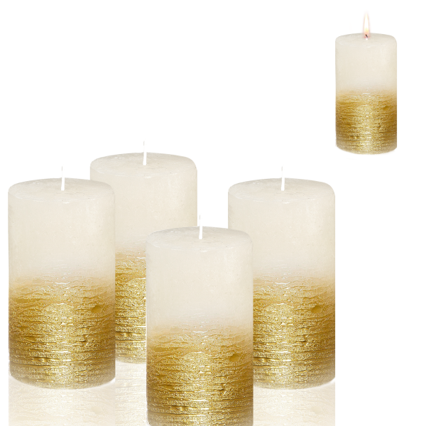 Candelo 4er Set Kerzen Ambiente Rustic Stumpenkerzen - Weiß Metallic Gold - Kerze 12cm - lange Brenndauer ca. 54 Std Weihnachtskerzen Adventskranz