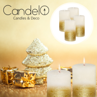 Candelo 4er Set Kerzen Ambiente Rustic Stumpenkerzen - Weiß Metallic Gold - Kerze 12cm - lange Brenndauer ca. 54 Std Weihnachtskerzen Adventskranz
