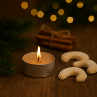 Candelo Duftteelichter Vanillekipferl 18er-Set – Cremeweiß, 4h Brenndauer, Ø 3,8 cm, Höhe 1,4 cm – Weihnachtskerzen & Winterdeko in Aluminiumhülle