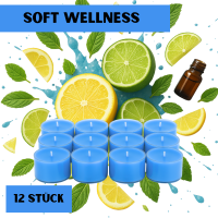 Candelo XXL Duftteelichter Wellness 12er Set aus Sojawachs – Meerblaue Jumbo Teelichter, frischer zitrisch-aquatischer Duft, 8h Brenndauer, Ø 3,7 cm, Höhe 2,7 cm – Duftkerzen
