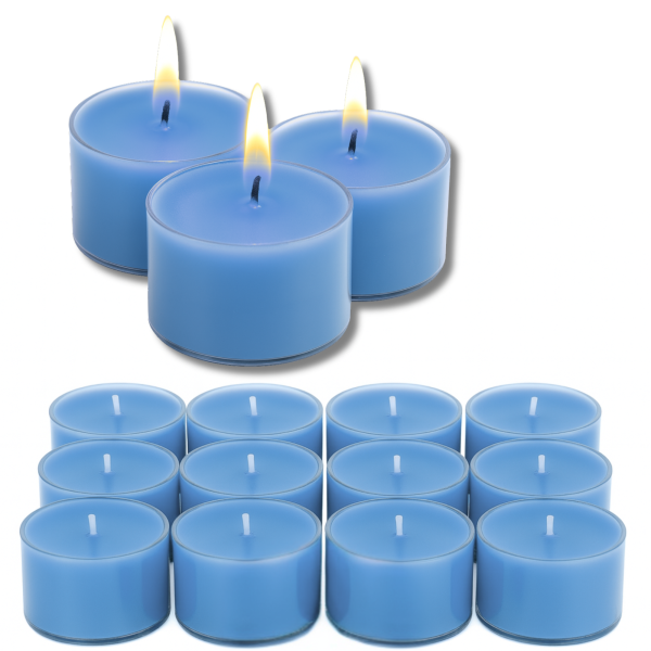 Candelo XXL Duftteelichter Calm Wellness – 12er Set in Meerblau – entspannender Spa-Duft mit zitrischen & aquatischen Aromen – 8h Brenndauer – große Duftkerzen für Bad, Spa & Wohnräume