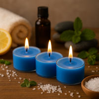 Candelo XXL Duftteelichter Calm Wellness – 12er Set in Meerblau – entspannender Spa-Duft mit zitrischen & aquatischen Aromen – 8h Brenndauer – große Duftkerzen für Bad, Spa & Wohnräume