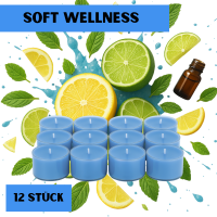 Candelo XXL Duftteelichter Calm Wellness – 12er Set in Meerblau – entspannender Spa-Duft mit zitrischen & aquatischen Aromen – 8h Brenndauer – große Duftkerzen für Bad, Spa & Wohnräume